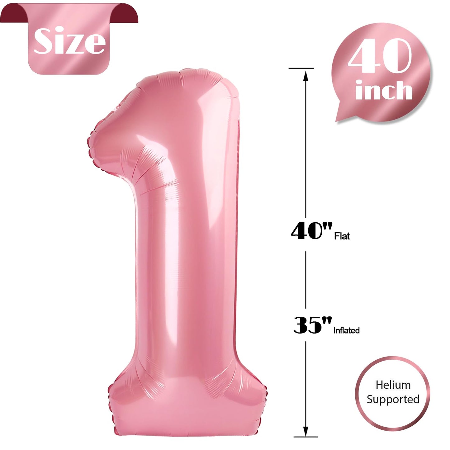Pearlescent Pink Number 1 Balloon 40 Inch, 1st Birthday Balloon for Baby Boy Girl Toddler First Birthday Decorations, Shiny Pearlescent Pink Party Supplies