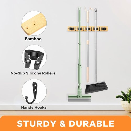 IMILLET Broom Holder Wall Mount - Bamboo Mop and Broom Organizer with 5 Racks & 4 Hooks | Ideal for Home Storage
