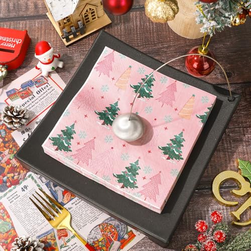 Christmas Paper Napkins Pink Green Xmas Tree Disposable Party Hand Towels 100 Pack