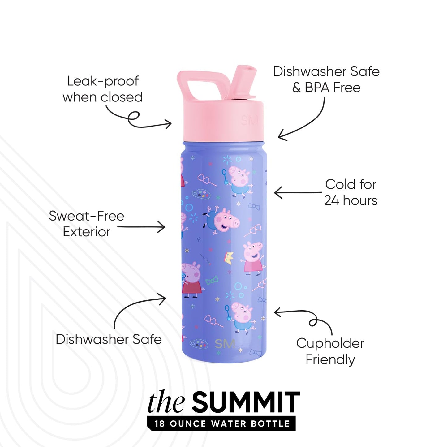 Simple Modern Kids Summit Water Bottle with Straw Lid | Peppa Pig 18oz Stainless Steel Cup Insulated Tumbler for Toddlers, School | Peppa Pig Bubbles