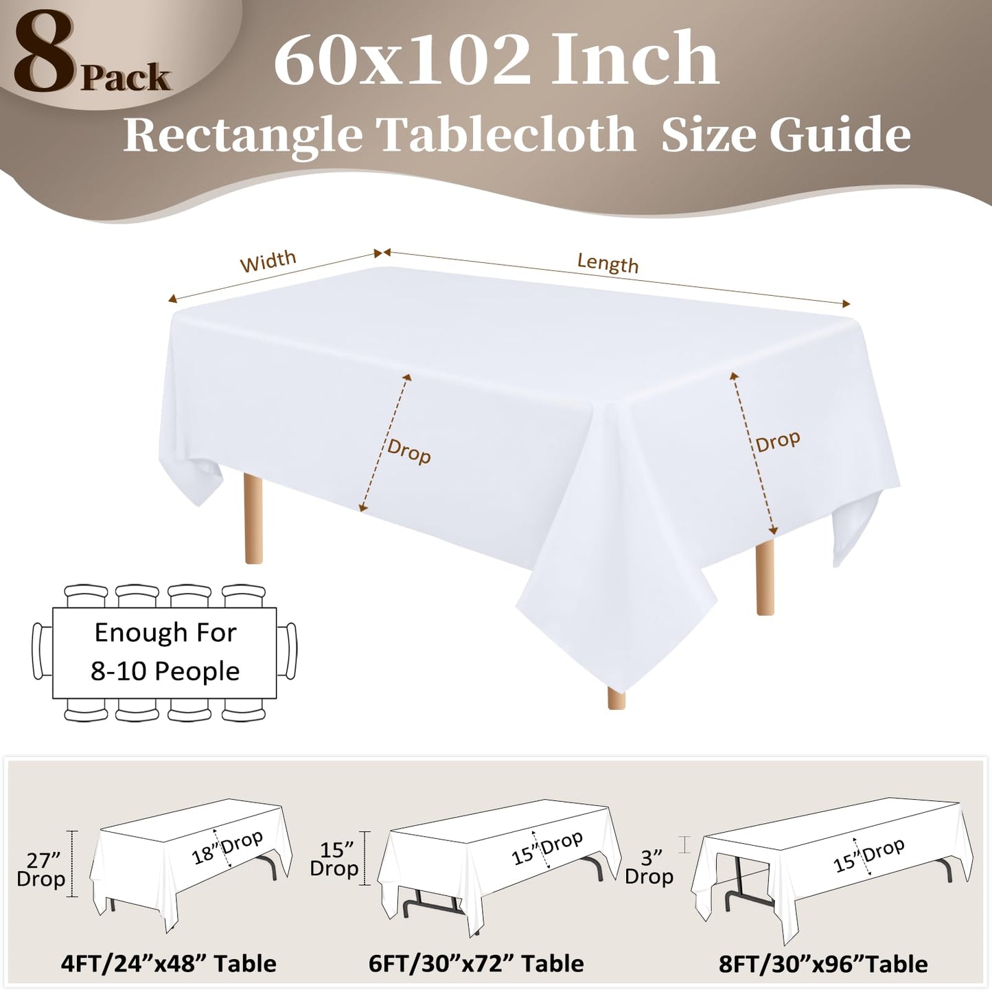 pepmily 8 Pack White Table Cloth 60x102 Inch Rectangle Tablecloths for 6 Foot Rectangle Tables, Wrinkle Resistant Washable Polyester Fabric Rectangular Table Cover for Dining Banquet Wedding Party