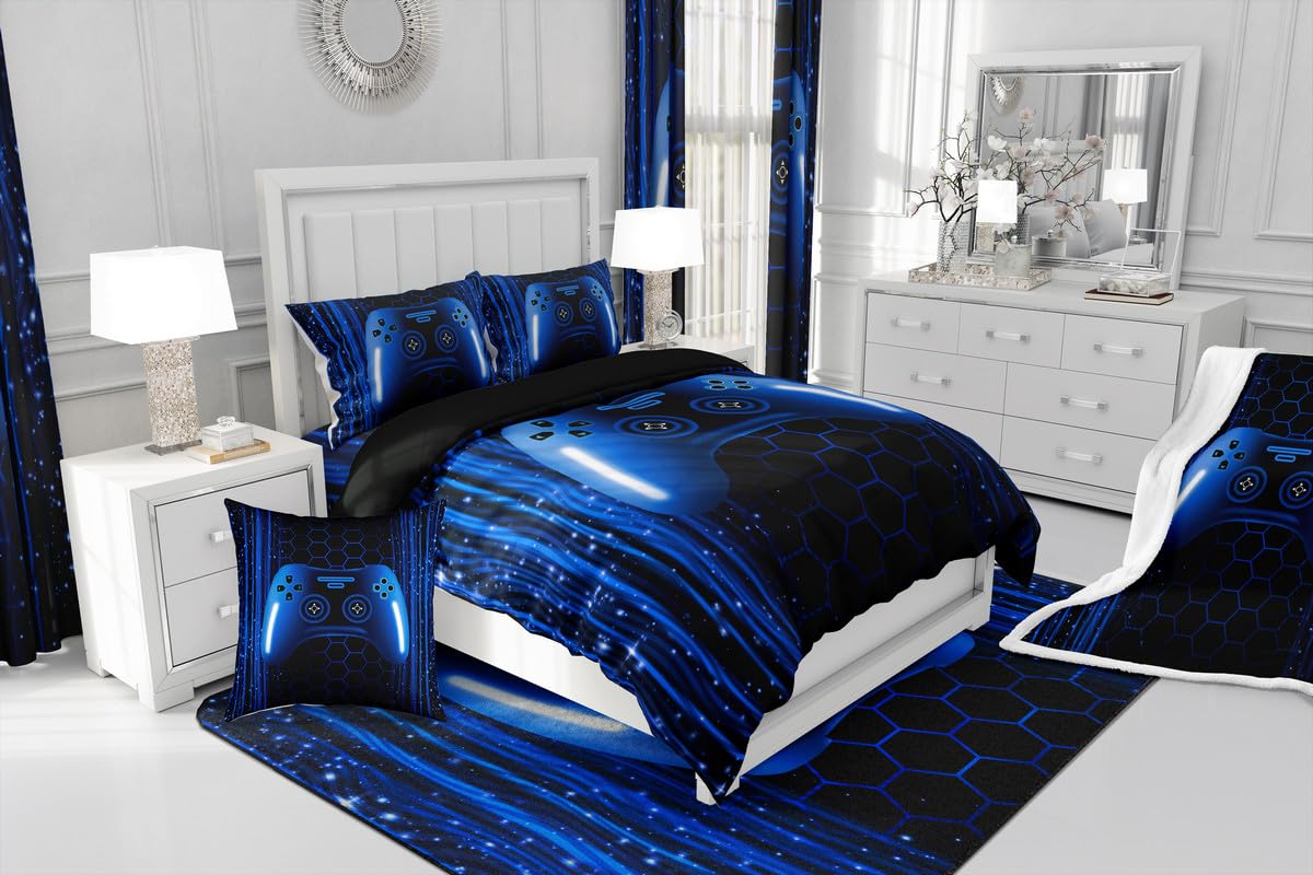 Erosebridal Kids Gamer Full Comforter Set for Boys Bedroom Neon Lights Dark Blue Gaming Bedding Set for Kids Teens Game Console Quilt Striped Honeycomb Hexagon Comforter Geometric Duvet Insert