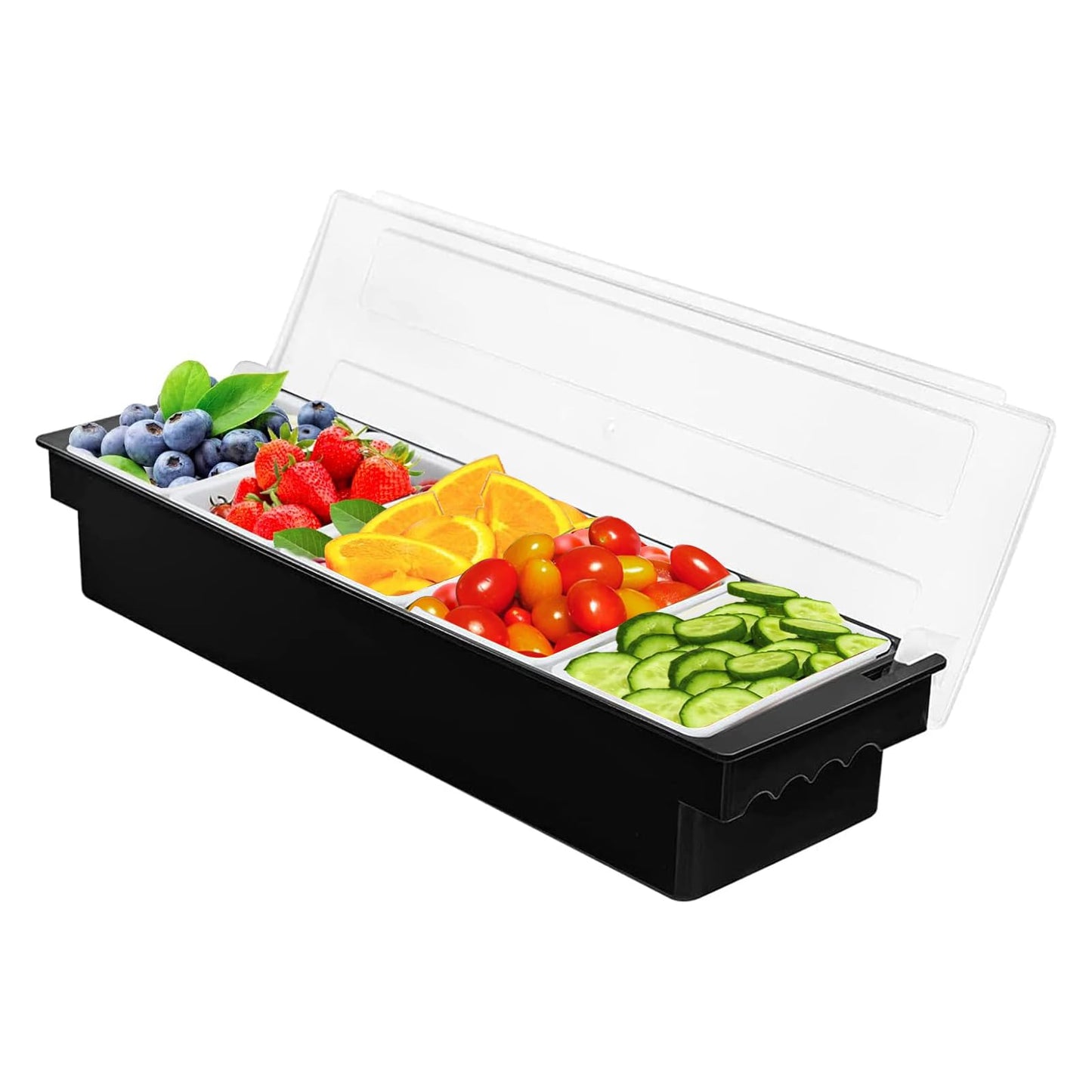 Bar Top Food & Condiment Dispenser 5-grid Plastic Chilled Garnish Tray Bar Caddy with Lid for Bartending & Serving Taco, Ice Cream, Fruit, Salad Bar (Black)