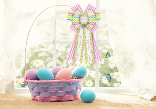 Hying Large Easter Bows - White & Pink Burlap Wreath Bows with Eggs & Leaves for Spring Decor