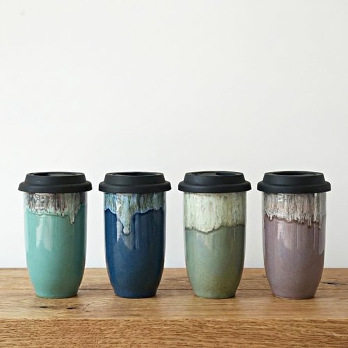 Bosmarlin Ceramic Travel Coffee Cup with Lid, 16 Oz, Portable Coffee Mug for Car Cup Holder, Microwave and Dishwasher Safe, Reactive Glaze (Deep BLue, 16 Oz)