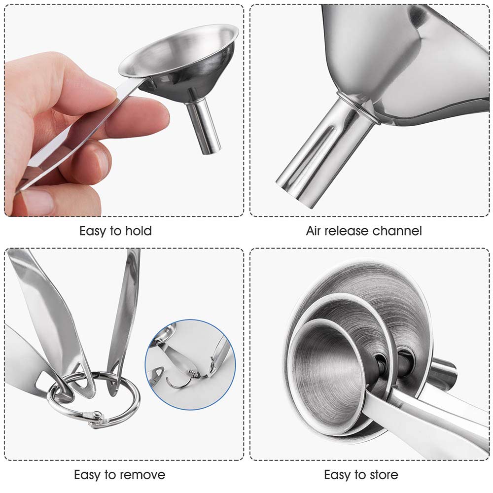 Toncoo 3-in-1 Kitchen Funnel Set - Premium Food Grade Stainless Steel for Bottles & Spices