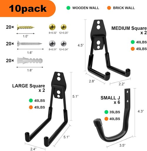 Heavy Duty Wall Garage Hooks by [Brand Name] - Steel Anti-Slip Utility Hangers for Ladders, Bikes & Tools | 10 Pack, Black