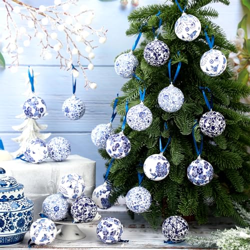 Poen 24 Pcs Blue & White Chinoiserie Christmas Ornaments 2.36" - Variation of 24 / 2.36"