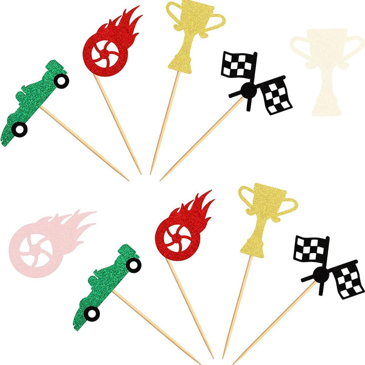 Race Car Cupcake Toppers by [Brand Name] - 24Pcs Glitter Trophy Flags & Wheels for Racing Theme Parties