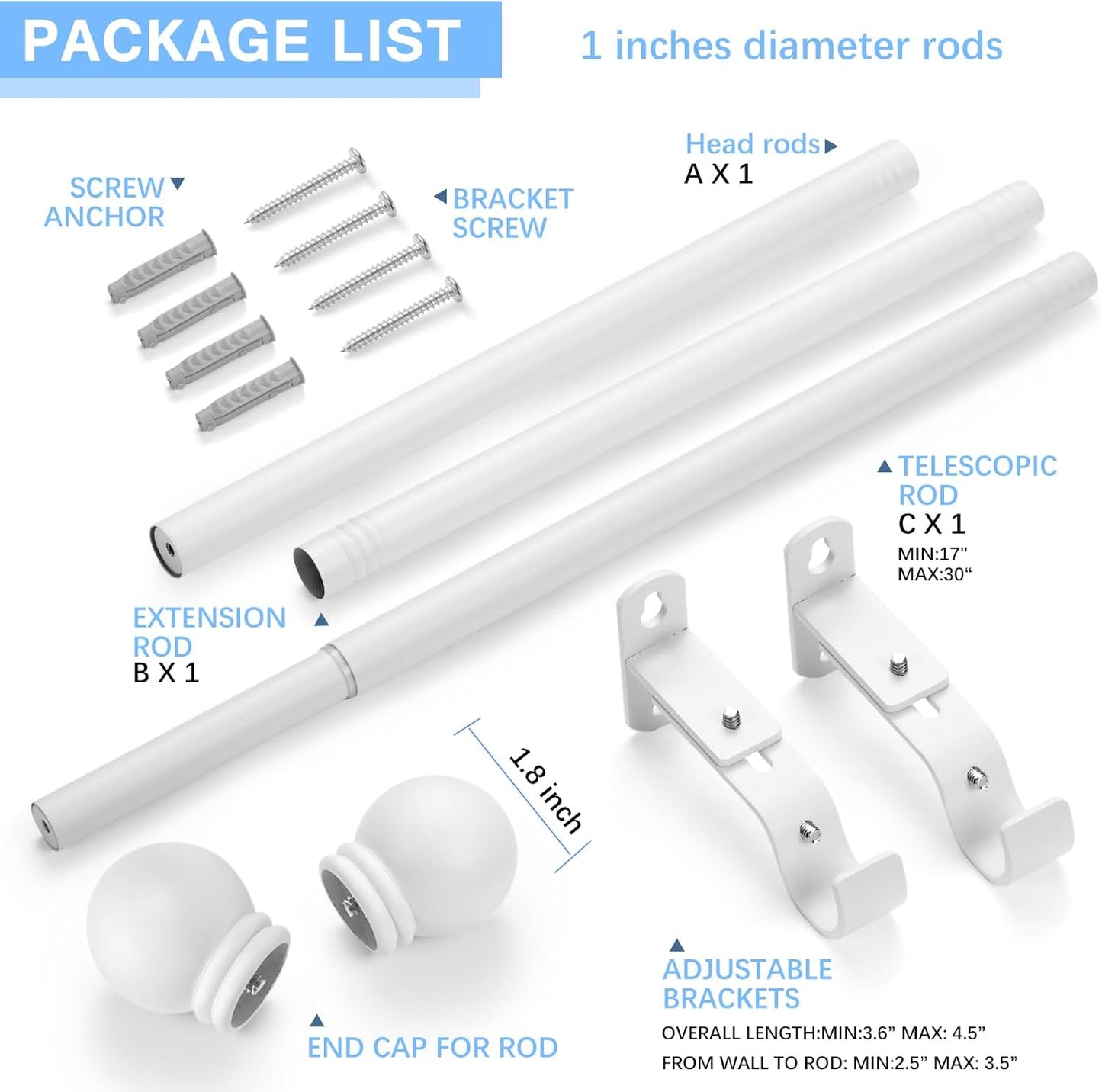 Max Adjustable Curtain Rods by [Brand Name] - 16 to 48 Inches, 1-Inch Diameter, White Finish