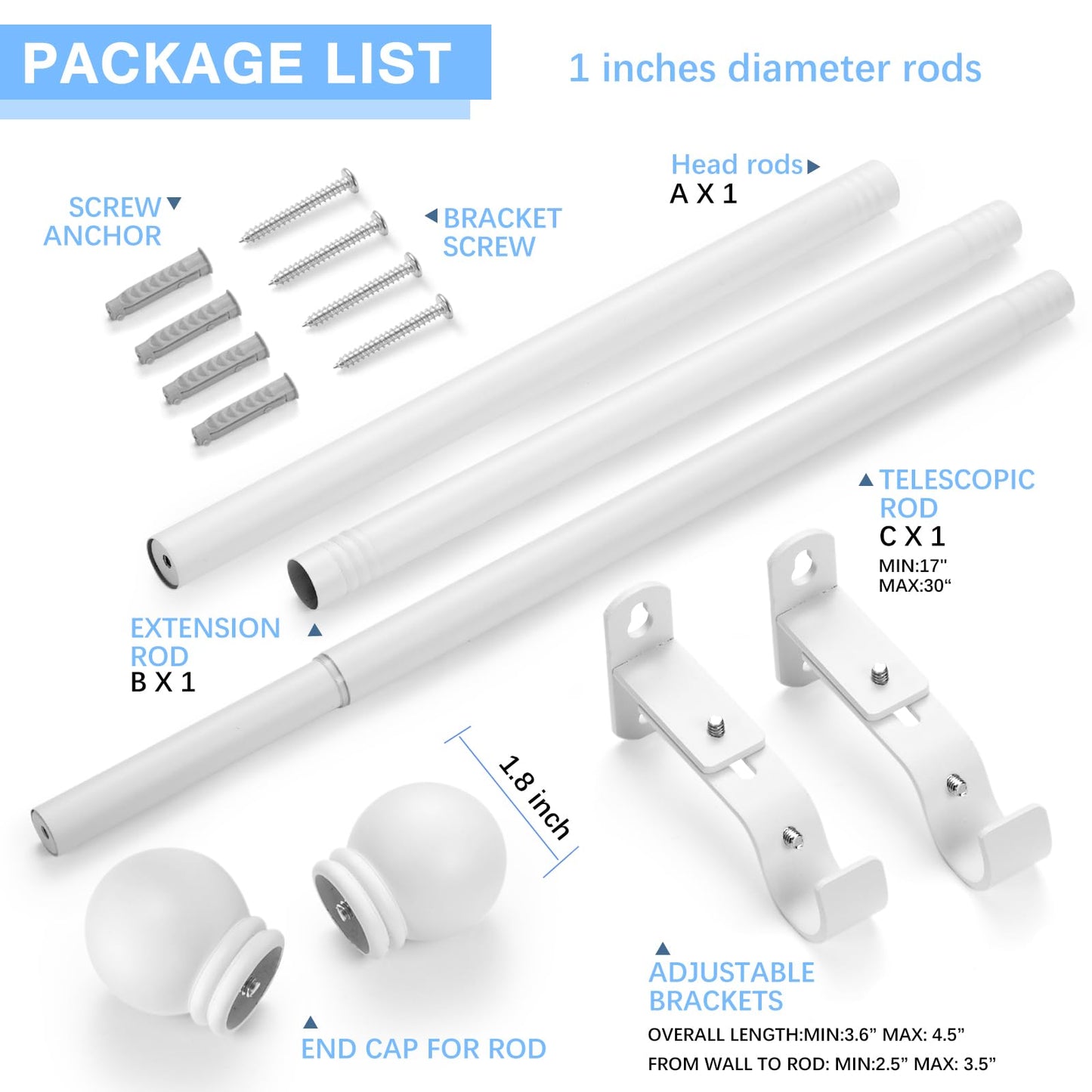 AMZSEVEN Curtain Rods for Windows 16 to 48 Inches, Curtain Rod Max Adjustable Length of 60 IN, 1" Diameter Drapery Rods Round Finials, White, Pack of 1