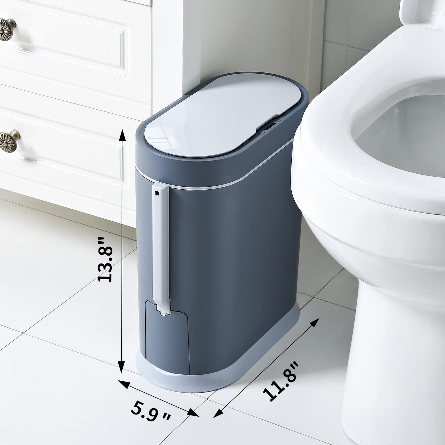 ELPHECO Bathroom Slim Plastic Trash Can with Toilet Brush 2.5 Gallon Waterproof Smart Garbage can with lid Motion Sensor Waste Bin Automatic Garbage Bin for Bathroom(Grey)