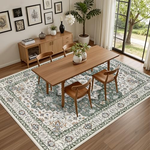 ExpediX Green Ivory 5' x 7' Washable Area Rug for Living Room & Bedroom
