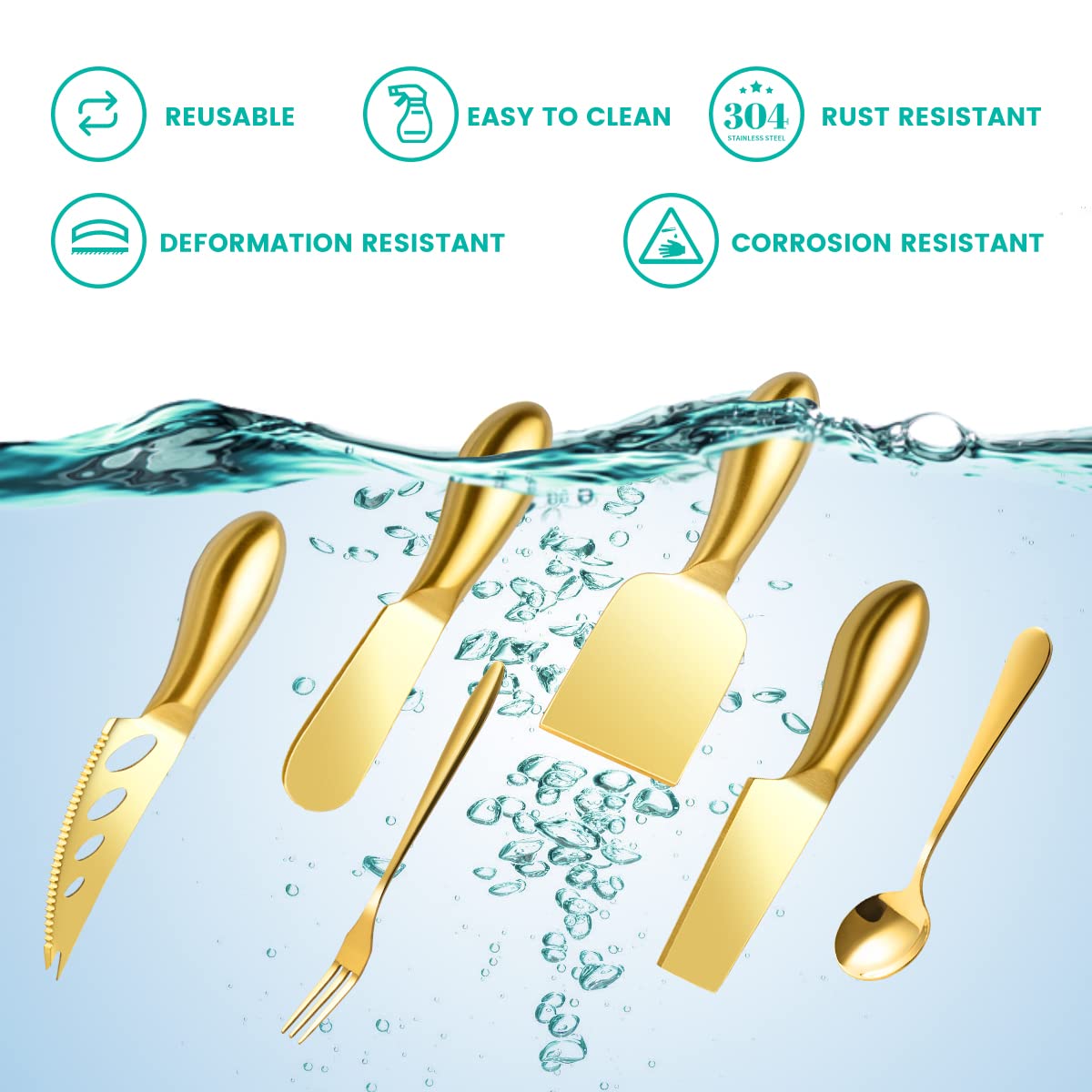 LifeMusican Gold Cheese Knife Set For Charcuterie Board Accessories, Stainless Steel Cheese Slicer And Butter Spreader knives Kit With Serving Tongs, Spoons, Forks, Flags Cheese Markers, Honey Dipper