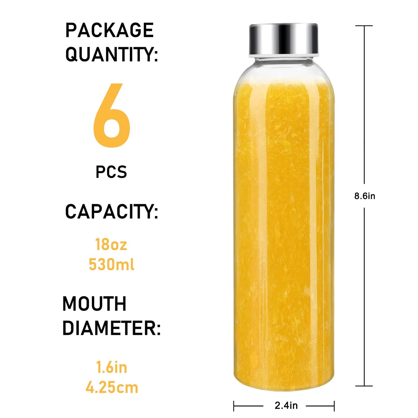 Sursip 18oz Glass Water Bottle Set of 6, Clear glass juice bottle for juicing，Reusable Drinking Bottles with Stainless Steel Lid，Beverage Storage Containers for Refrigerator-BPA Free，Leak Proof