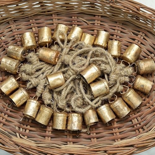 HIGHBIX 4cm Small Vintage Rustic Lucky Cow Bells on Jute Rope - 30 Cylinder
