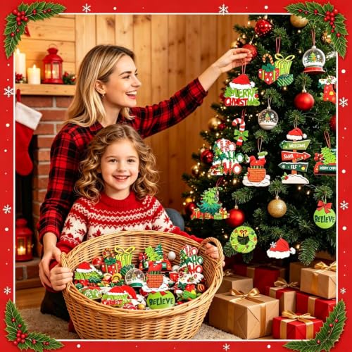 36Pcs Wooden Christmas Ornaments Set - 12 Retro Cartoon Styles Red & Green Indoor Holiday Decor