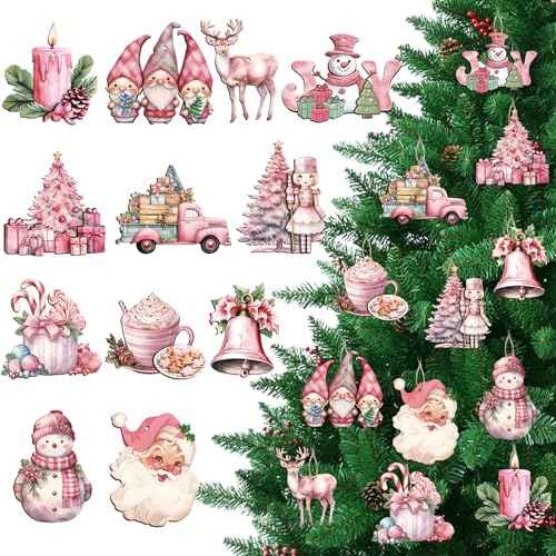 36Pcs Pink Christmas Tree Hanging Ornaments, Wooden Christmas Ornaments for Tree Vintage Rustic Xmas 3D Wooden Hanging Pendants Tags for Winter Holiday Christmas Tree Home Party Decorations