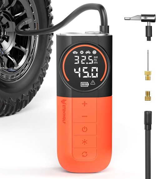 ETENWOLF S1 Portable Tire Inflator - 160PSI Air Compressor for Cars, Bikes & More | Cordless with LED Light & Digital Gauge (Orange)