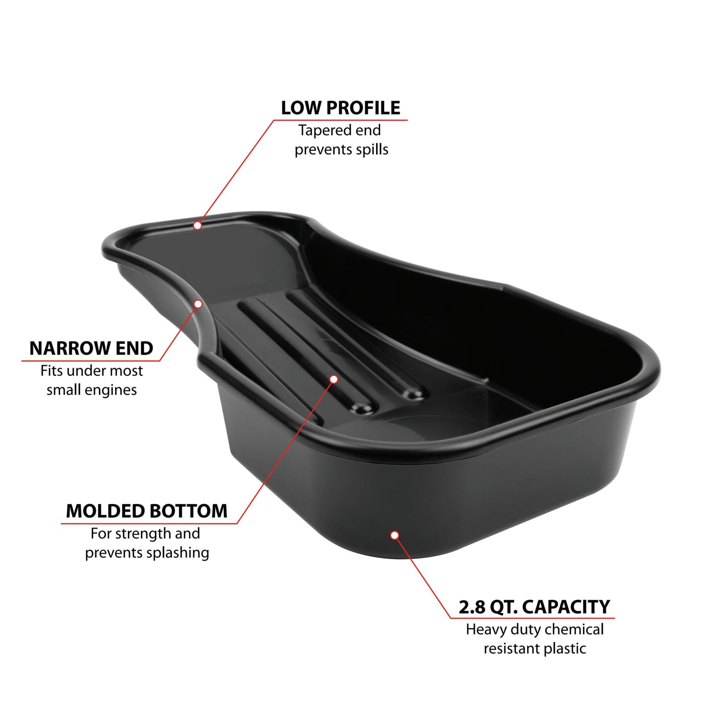 Performance Tool W4073 Heavy Duty 2.8 Quart Oil Drain Pan with Splash Guard and Tapered Spout for Lawn Equipment and Motorcycles