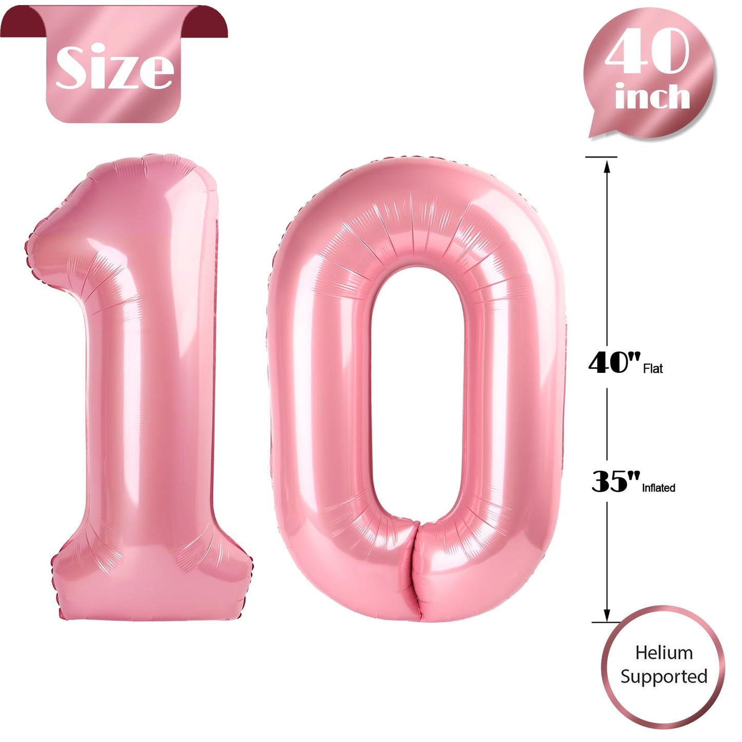Pearlescent Pink Number 10 Balloons 40 inch, 10 Number Balloons, 10th Birthday Decorations for Girls 10 Year Old Pastel Pink Party Supplies