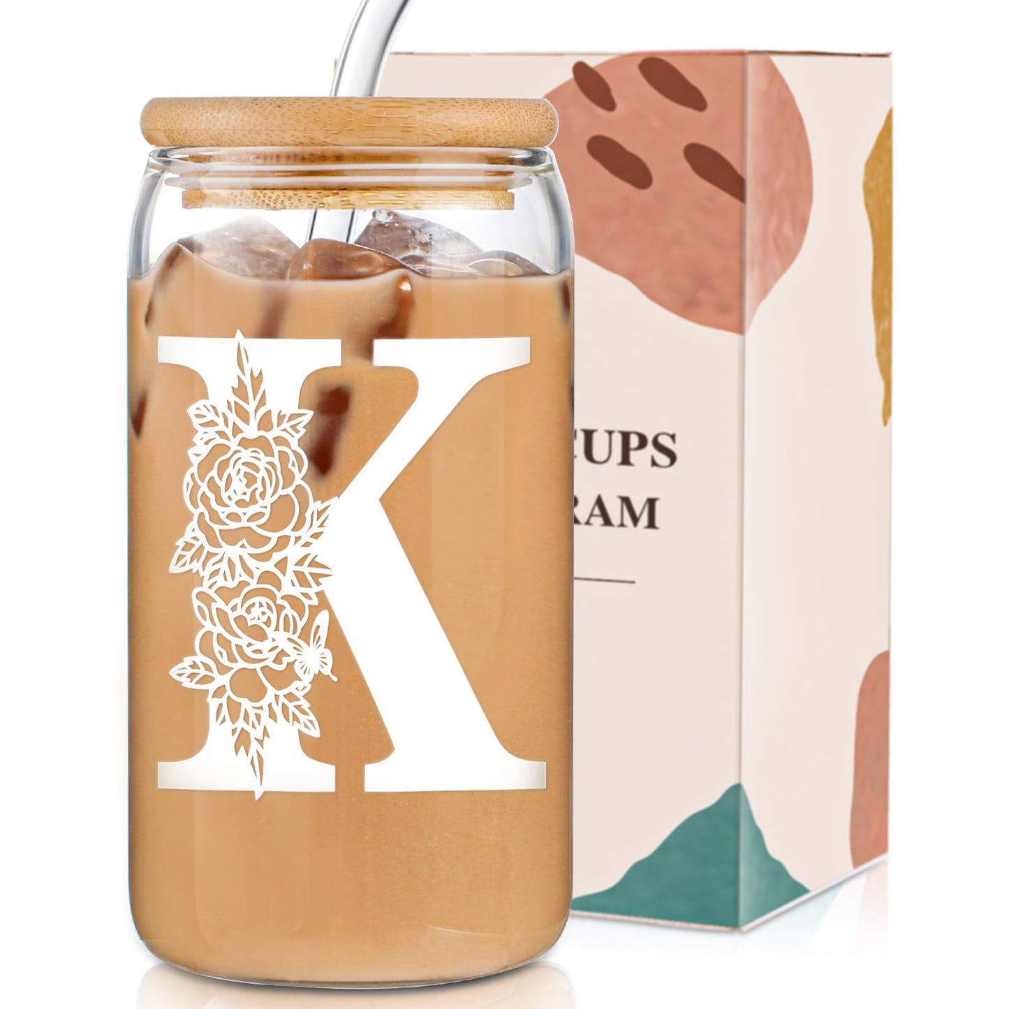 Valentines Day Gifts for Women Decorations：Initial Glass Cup as Office Graduation Memorial Personalized Birthday Gifts - for Mom Teens Wife Girlfriend Sister Daughter Gifts - K Aesthetic Cup