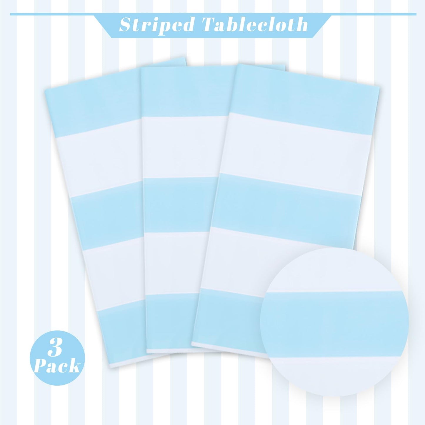Kesfey 3 Packs Light Blue and White Vertical Striped Table Cloth 54 x 108 Inches Bluey Stripe Table Cover Disposable Plastic Beach Tablecloths Waterproof Rectangle Picnic Tablecover for Birthday Party