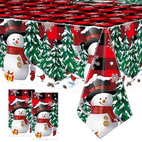 2 PCS Christmas Plastic Tablecloths Snowman Disposable Table Covers Black Red Buffalo Plaid Snowflake Tablecloth Christmas Rectangle Table Cover for Xmas Party Decor Winter Holiday, 54" x 108"