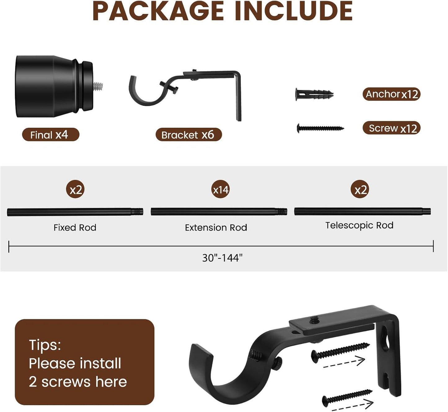 Skiennix Matte Black Curtain Rod - Adjustable 30-144 Inch Heavy Duty Telescopic Design | 2 Pack