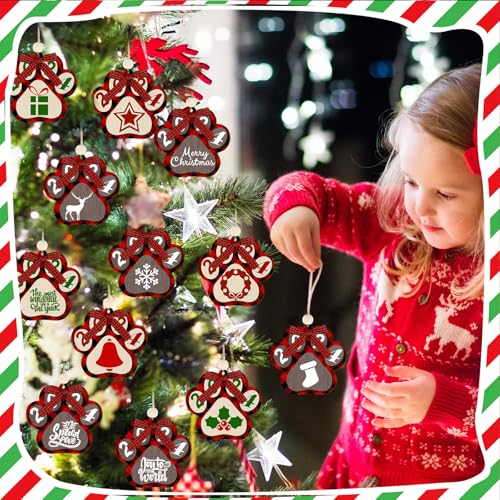 BBTO 12Pcs Dog Paw Ornaments Christmas Tree Wood Decor Red Black Brown