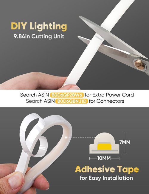 HeliosRibbon COB Led Neon Rope Lights 33ft 6000K Cool White, 110-120V Outdoor Waterproof Lighting Strip 600lm/m Super Bright, Cuttable and Adhesive, for Roof Bedroom Garden Commercial