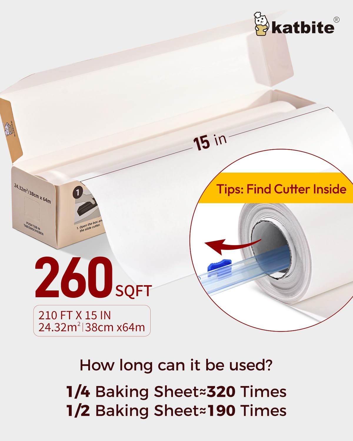 Katbite Parchment Paper Roll - Heavy Duty Non-Stick Baking Paper, 15 in x 210 ft, 2 Pack with Slide Cutter
