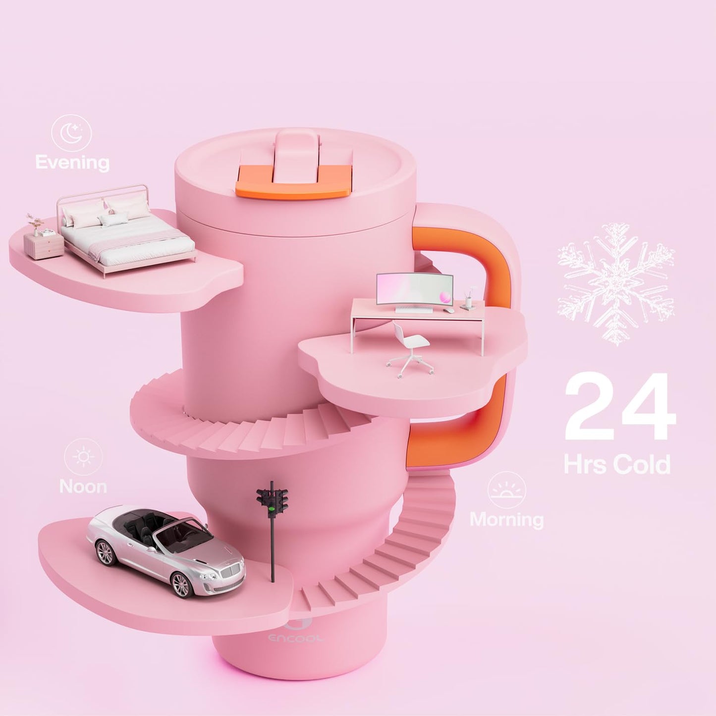 ENCOOL 32 oz Tumbler with Handle and Flip Straw, 100% Resistant Tumbler with Lid and Straw, Insulated Stainless Steel Travel Coffee Mug, Keeps Cold for 24 Hours, Cup Holder Friendly (Blush)