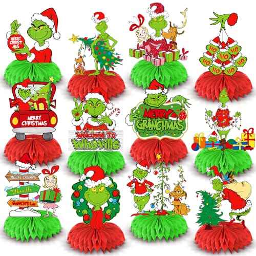 12pcs Christmas Decorations Honeycomb Centerpieces,Christmas Birthday Party Table Decorations,Green Red Centerpieces for Tables