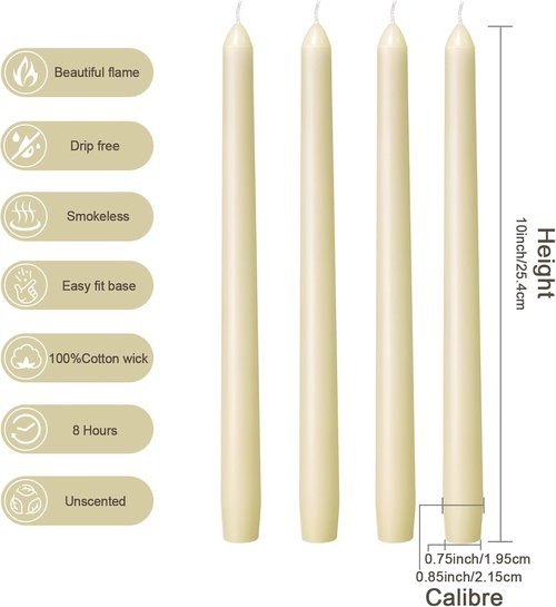 Everymoment Ivory Taper Candles - Dripless & Smokeless 10-Inch Candlesticks | 4 Pack Unscented Cream for Weddings & Home Decor