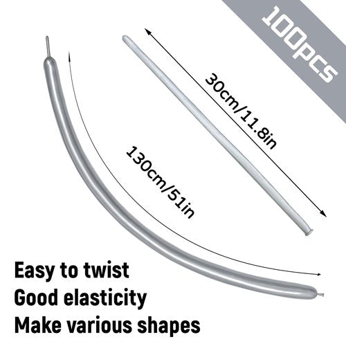 100Pcs 260 Balloons Metallic Silver Long Balloons for balloon animals, silver Skinny Latex Twisting Balloon for Animals Modeling Christmas Birthday Wedding Party Decorations.(Sliver)