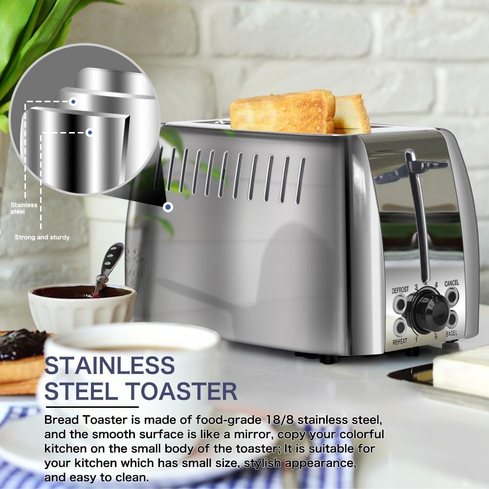 prepAmeal Toaster 2 Slice Stainless Steel Bagel Toaster Extra Wide Slots with 6 Browning Setting, Bagel/Reheat/Defrost/Cancel Function for Toasting Bread, Bagels and Waffles, 750W, Silver