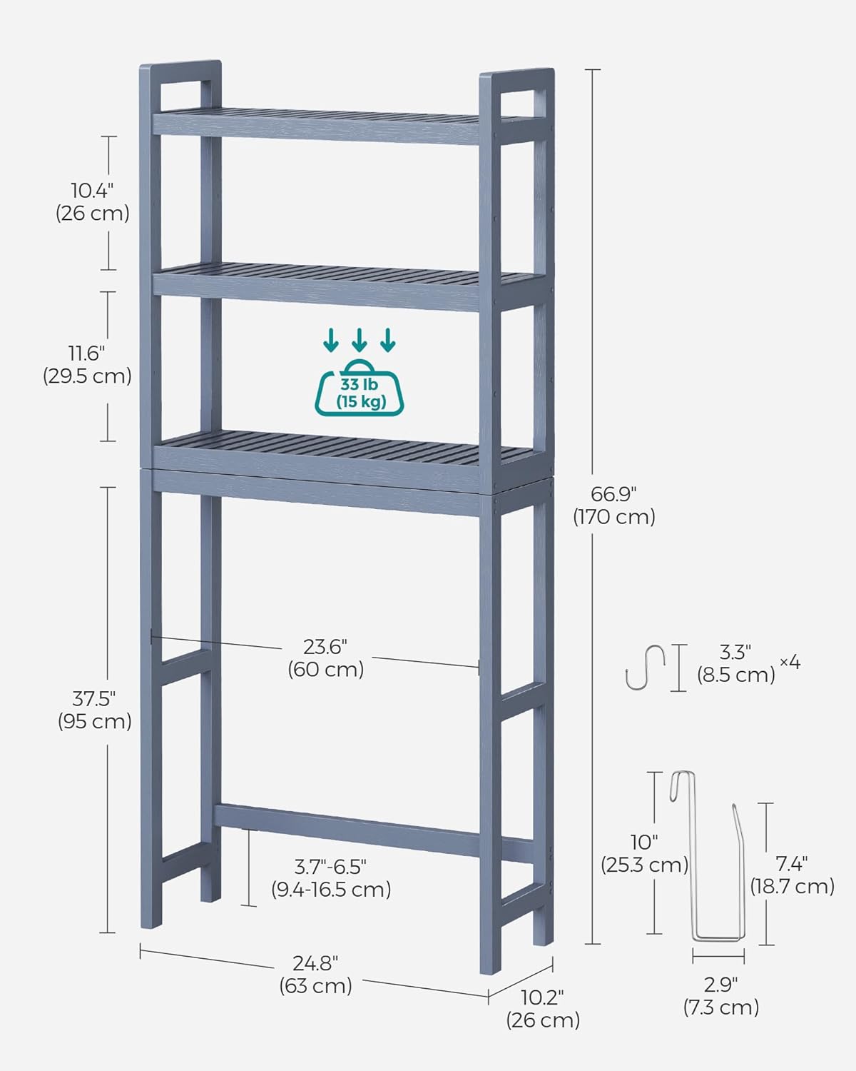 SONGMICS Over The Toilet Storage - 3-Tier Bathroom Organizer with Adjustable Shelf | Space-Saving Gray, 10.2 x 24.8 x 66.9 Inches