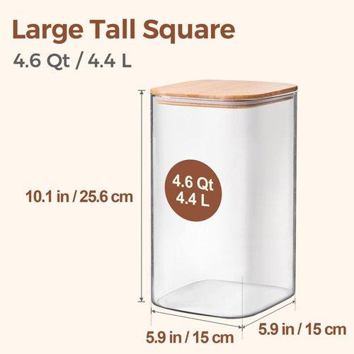 ComSaf Glass Food Storage Containers - 4.6Qt Airtight Large Square Jars with Bamboo Lids for Flour, Sugar, Rice, Pasta, and More