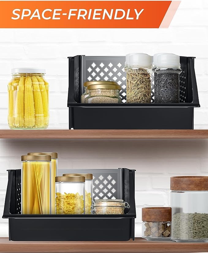 Skywin Black Stackable Open Front Pantry Storage Bins - 6 Pack
