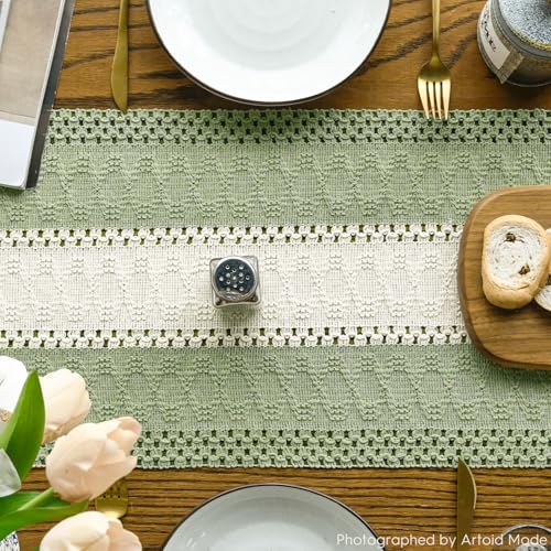 Artoid Mode Light Green Farmhouse Rustic Table Runner, Seasonal Hollow Kitchen Dining Table Decoration for Home Party Decor 12x72 Inch