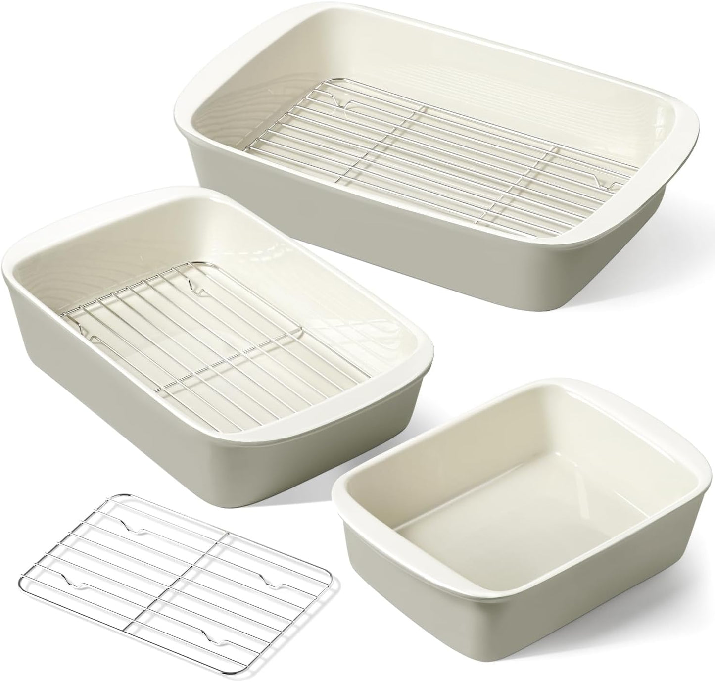 LE TAUCI Deep Casserole Dishes Set - 3-Piece Ceramic Bakeware with Roasting Racks | Large Lasagna Pans in Oatmeal Greige (4.6QT/3.0QT/1.6QT)