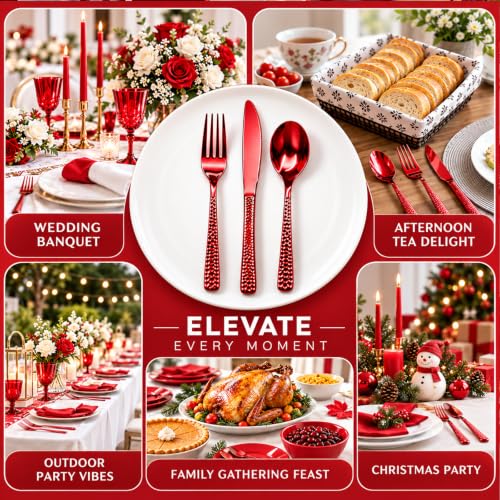 MiraFure 150 Count Red Hammered Heavy Duty Plastic Cutlery Set - 50 Forks, 50 Spoons, 50 Knives (Variation: 150 Count Red Set)