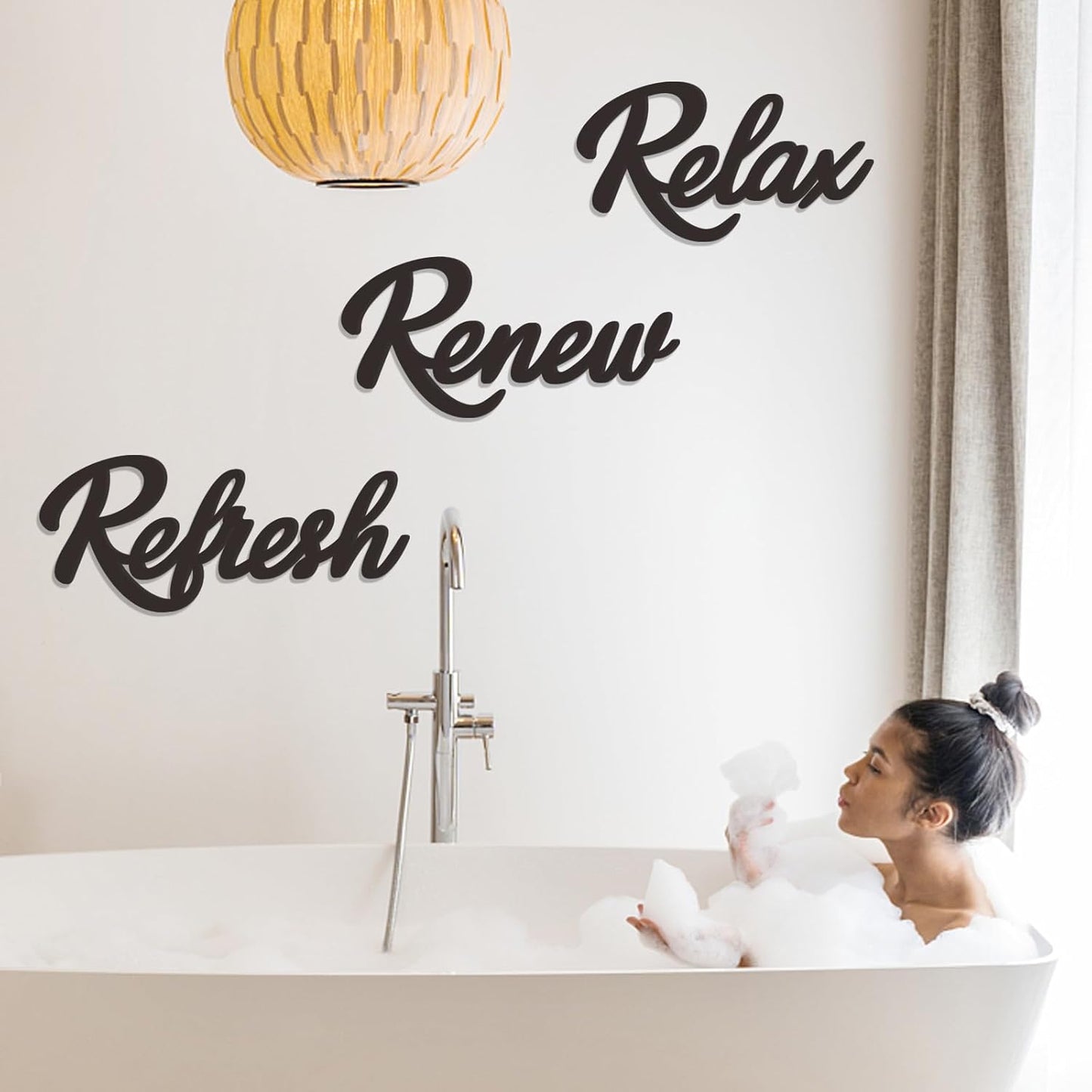 Skiennix Wooden Bathroom Sign Set - Relax, Renew, Refresh | Large Black Decor (3 Pieces)