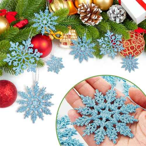 36 Pack Blue Snowflake Ornaments, Christmas Tree Decorations, Plastic Glitter Hanging Snow Flakes for Indoor Winter Christmas Tree Wonderland Decor