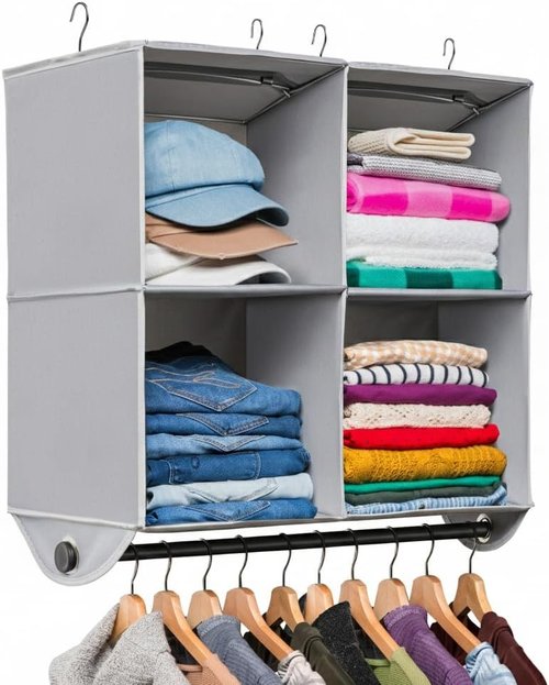 HOLDN’ STORAGE Hanging Closet Organizer - Heavy Duty 4-Shelf Unit with Garment Rod for Clothes & Shoes | Grey