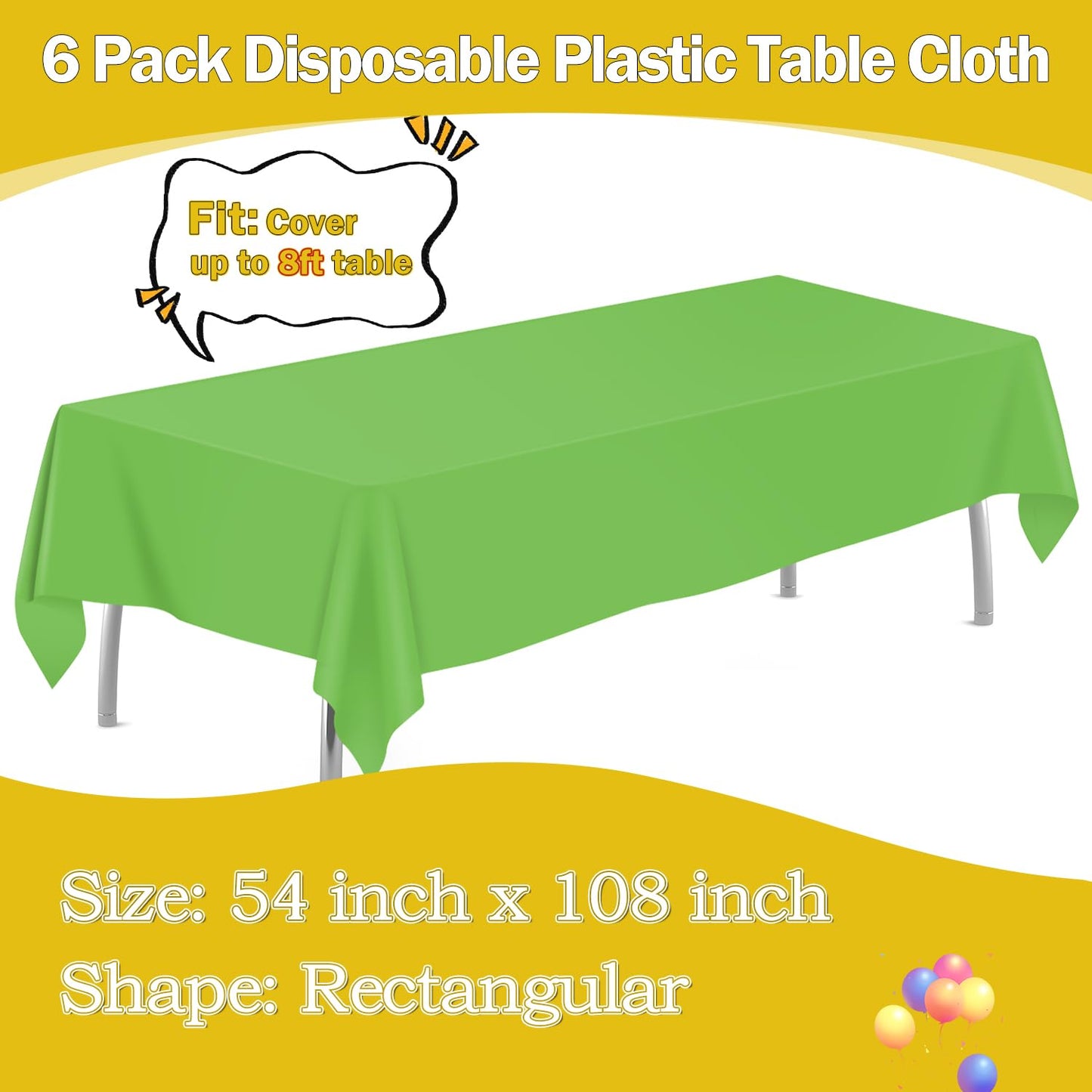tujol Lime Green 6 Pack Plastic Table Cloth 54" x 108", Disposable Tablecloths Rectangle Table Cover, Plastic Tablecloths for Parties