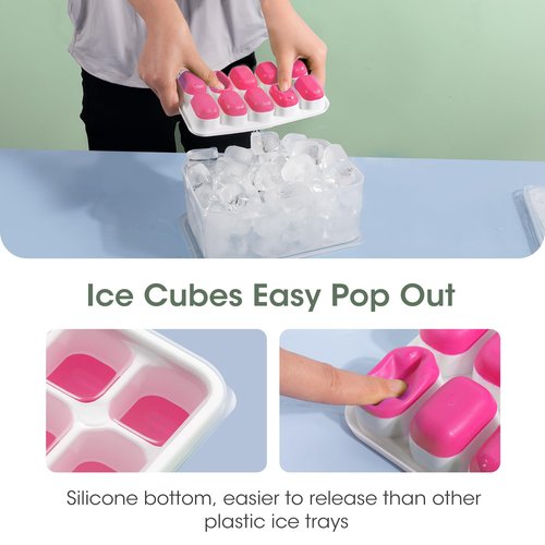 DOQAUS Ice Cube Tray with Lid and Bin - 4 Pack Silicone Ice Cube Trays for Freezer, Stackable Ice Bucket Kits with Storage Container & Scoop for Kitchen, RV, Cocktail, Coffee