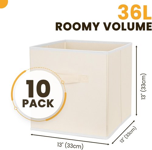 Criusia Large Storage Cubes - 13-Inch Collapsible Bins with Handles for Organizing Clothes, Blankets & Toys | 10-Pack Beige