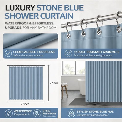 EHZNZIE Shower Curtain Liner - Waterproof Stone Blue PEVA with 3 Weighted Magnets | 72x72 Inches, No Chemical Smell